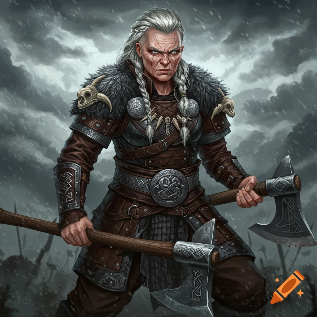 An old female viking warrior holding two axes in the snow