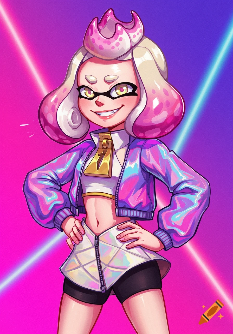 Pearl from Splatoon in a colorful outfit with a neon background.