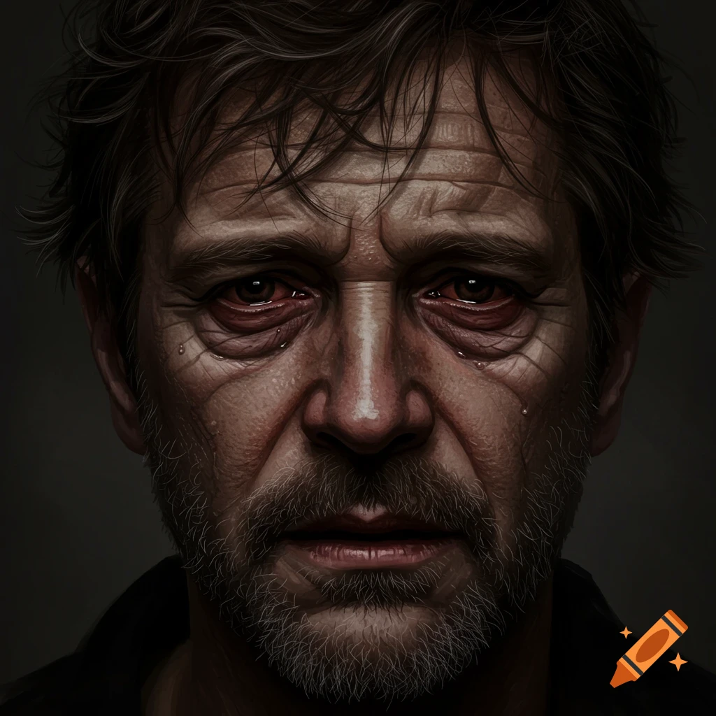 Headshot of a distressed man with red eyes and tears.