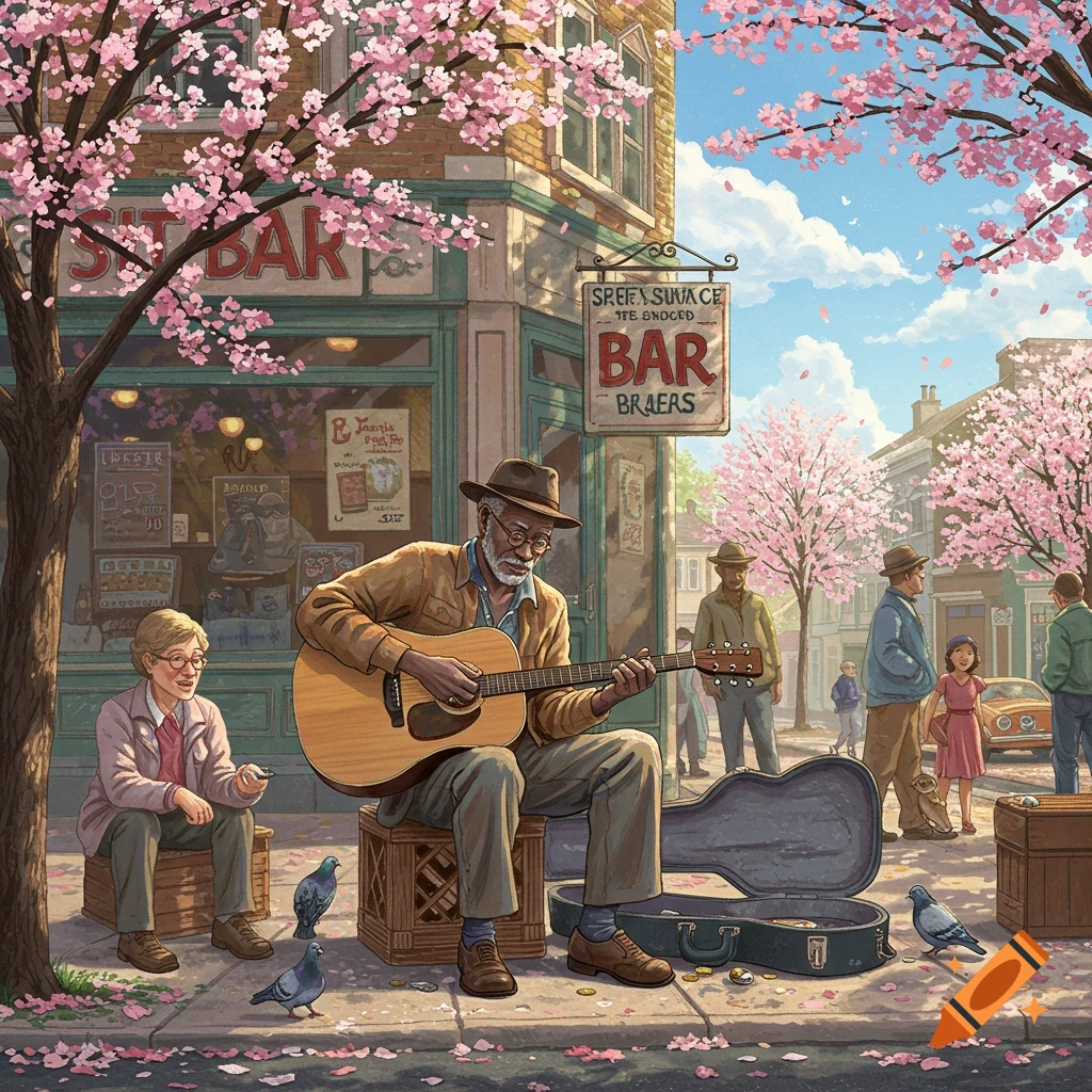 An old blues musician plays guitar on a spring street corner with cherry blossoms, people, and pigeons.