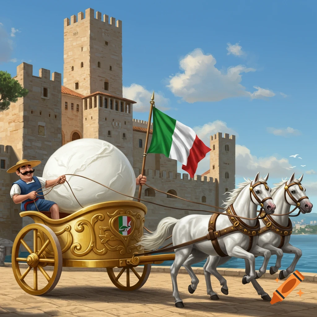 A man in a gold chariot pulled by horses, carrying a large white ball and waving an Italian flag, with a castle behind.