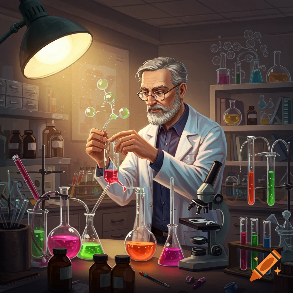A scientist in a lab doing an experiment with colorful beakers and test tubes.
