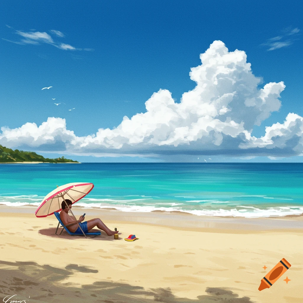 A man relaxing on a beach chair under an umbrella, looking at his phone, with the sea and clouds behind him.