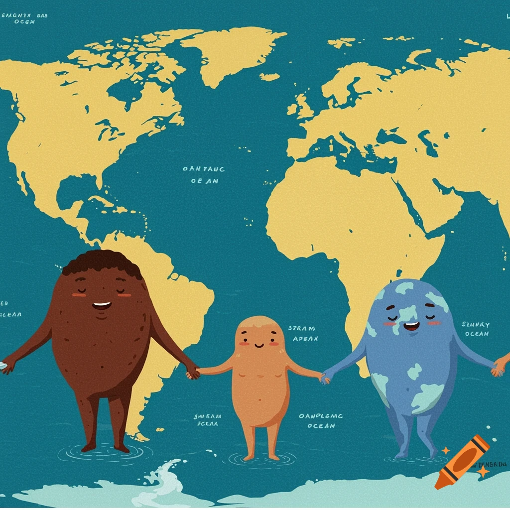 Cartoon world map with anthropomorphic continent figures holding hands.