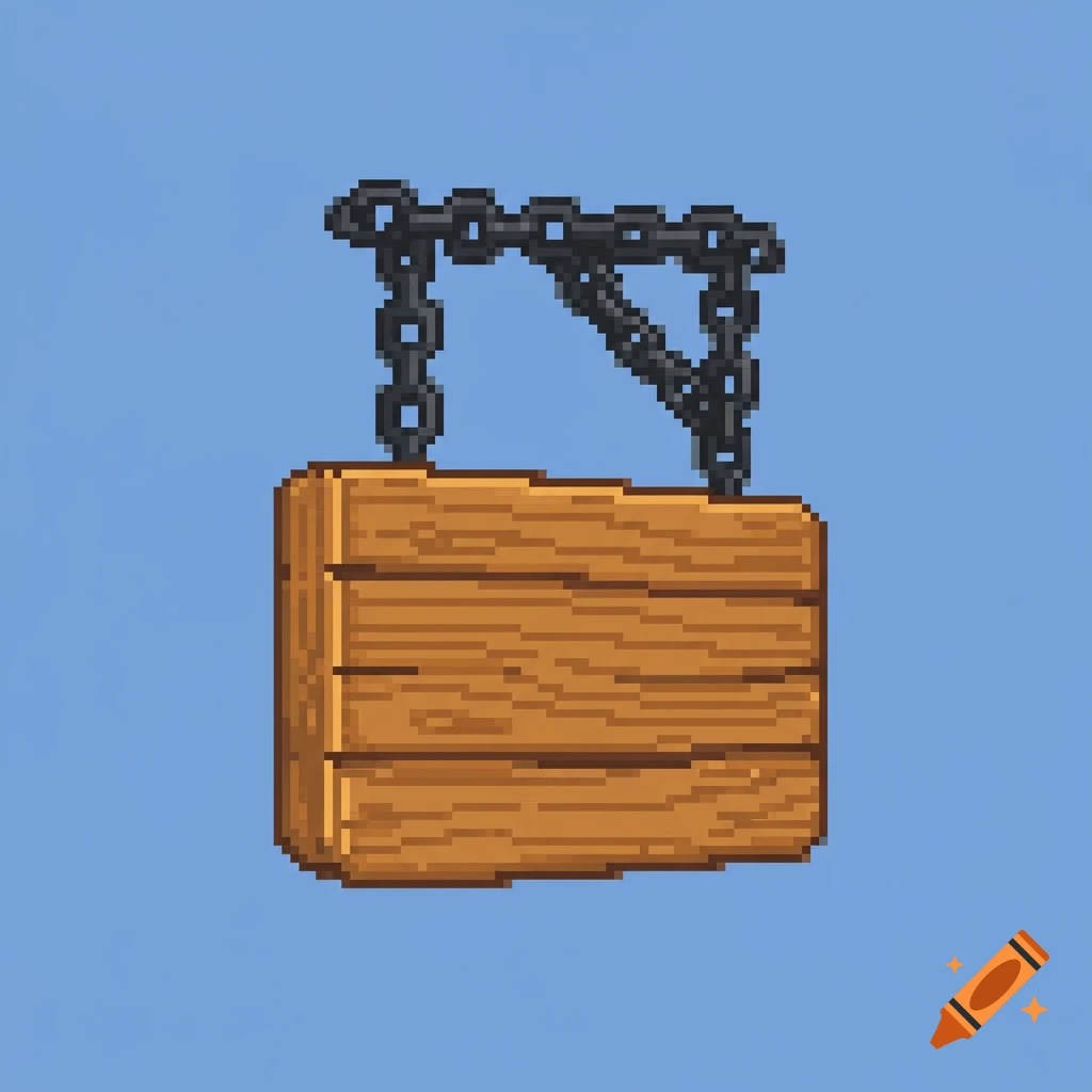 Pixel art wooden sign hanging from chains