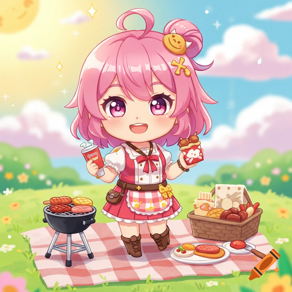 Cute pink-haired chibi character having a BBQ picnic in a park