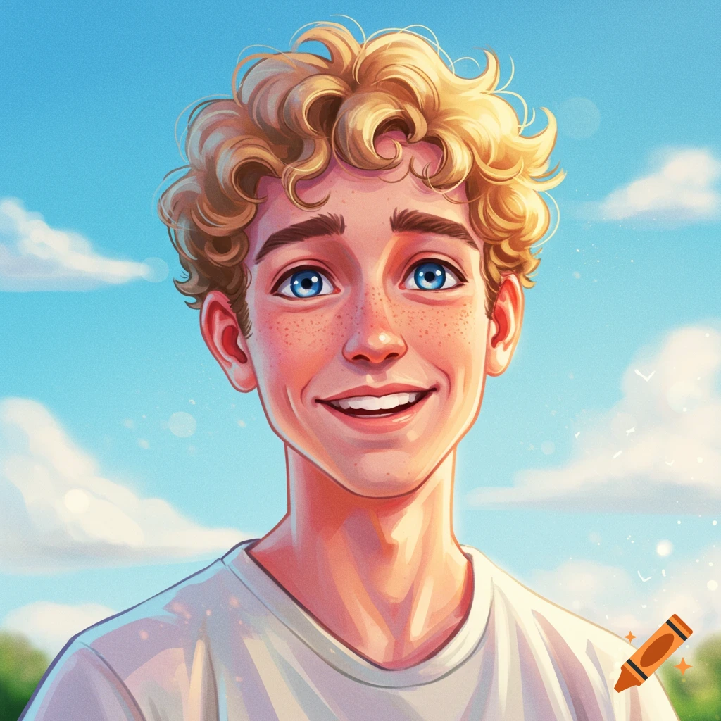 A portrait of a young boy with curly blonde hair, blue eyes, and freckles smiling against a blue sky.