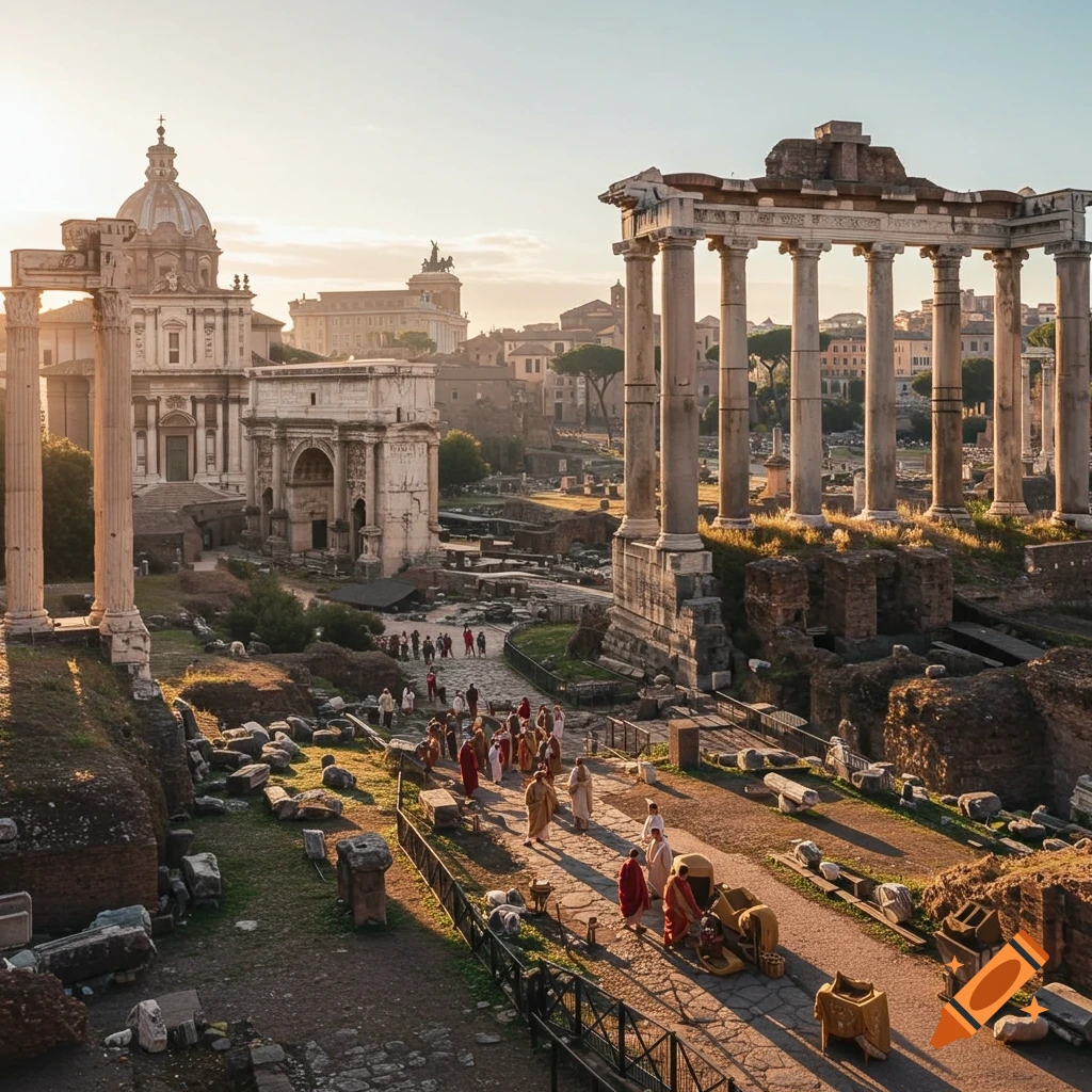 The Roman Forum at sunset with people walking among the ancient ruins
