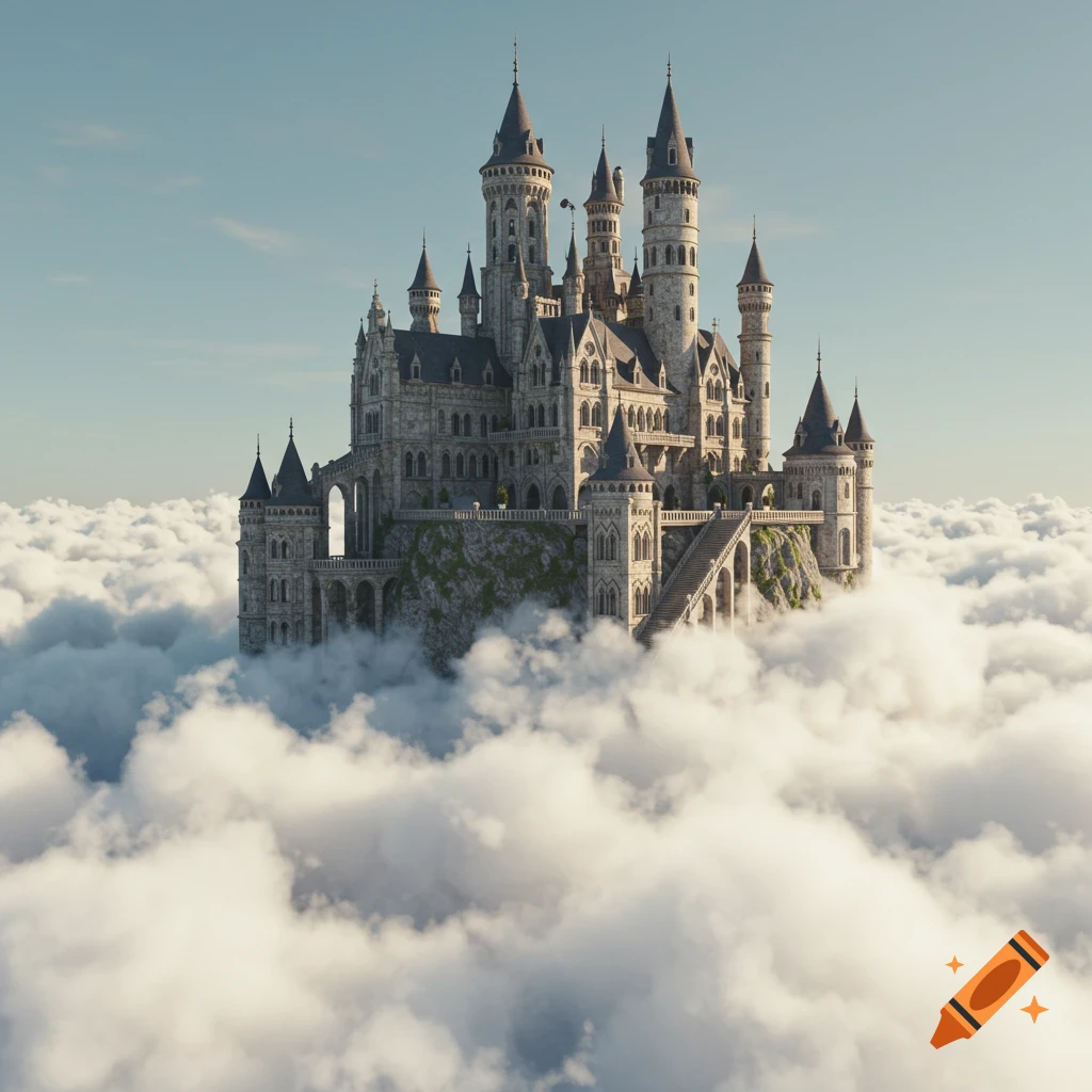 A gigantic fantastical castle rests atop a layer of white clouds under a blue sky.