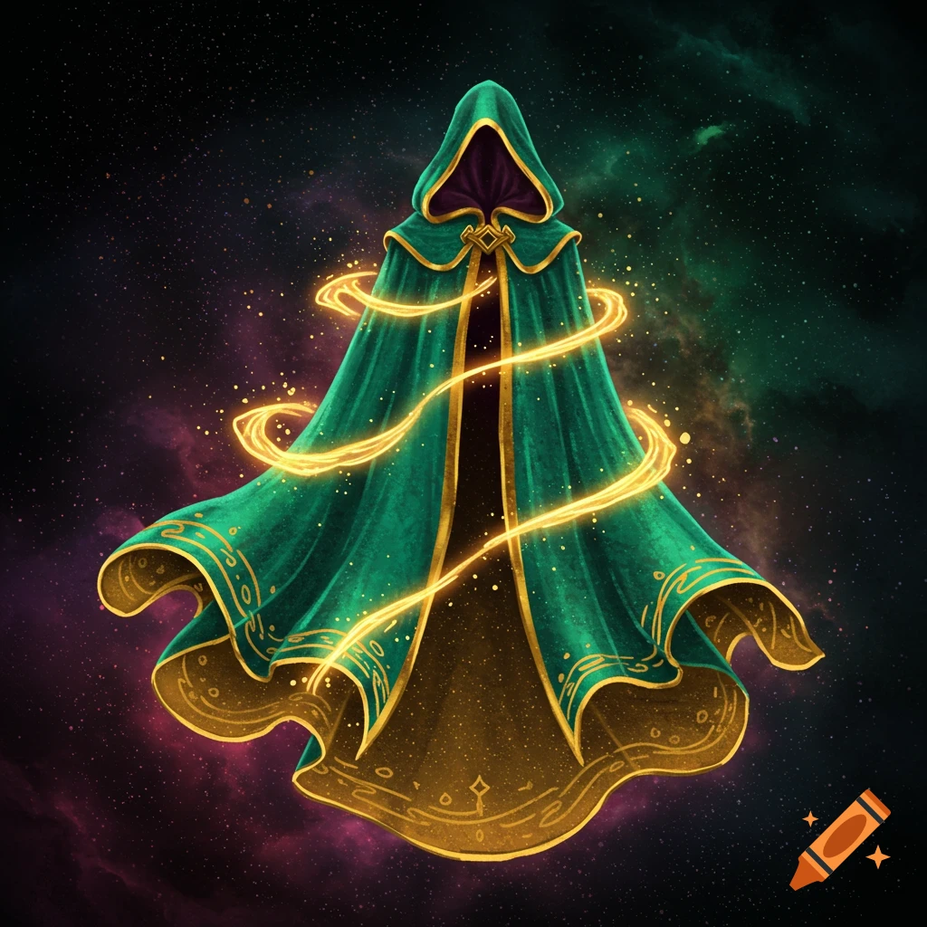 A green hooded cloak with gold trim and glowing golden trails floats in a starry cosmic background.