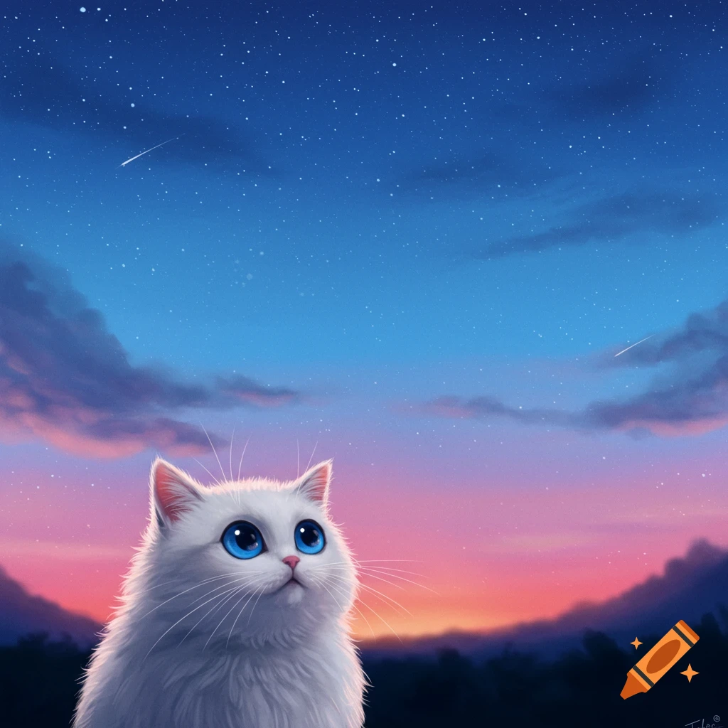 A fluffy white cat with blue eyes looks up at a starry sunset sky. Digital art.