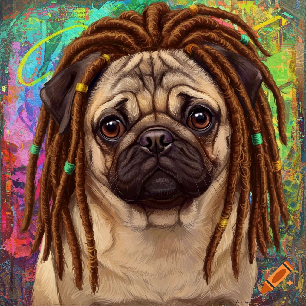 Portrait of a pug with dreadlocks
