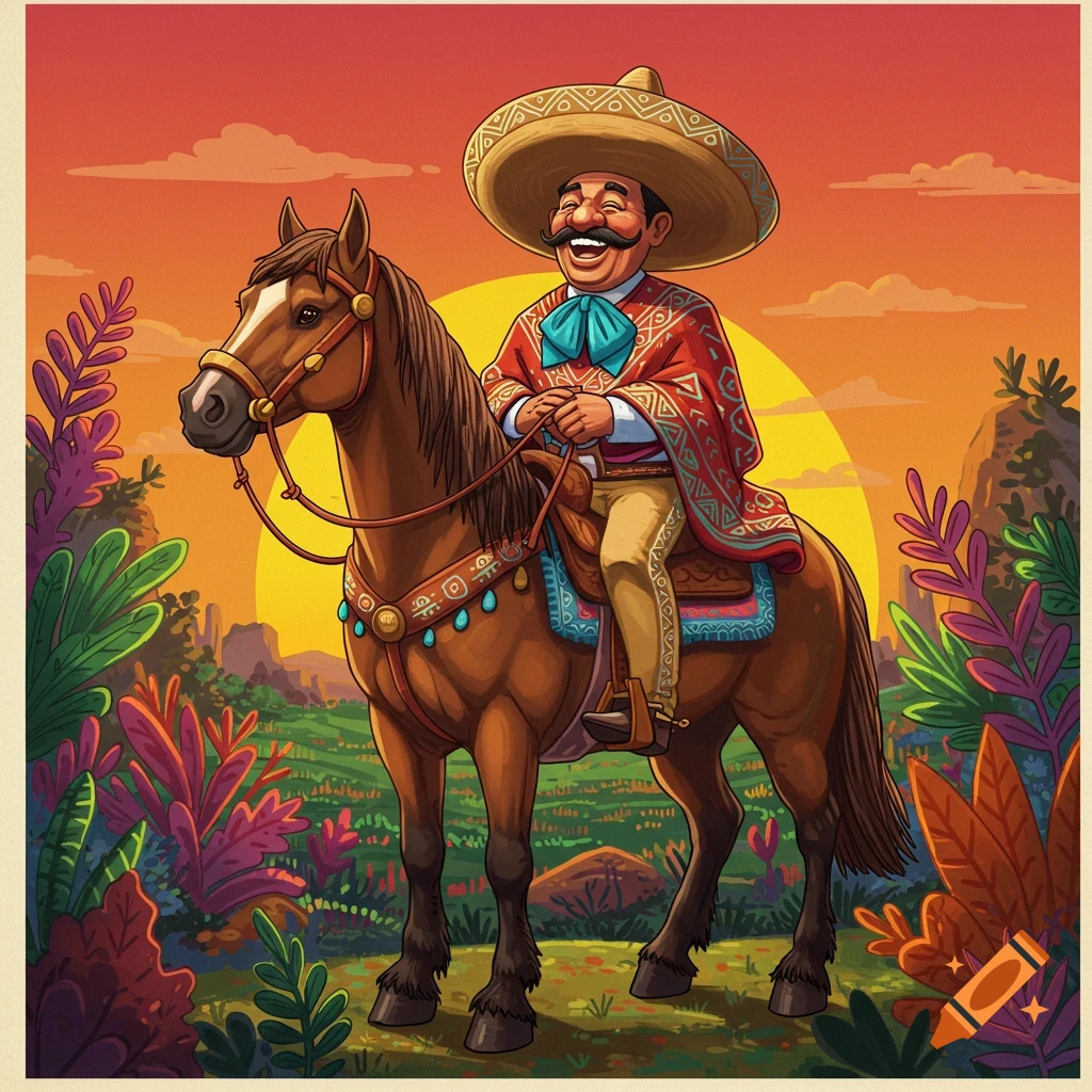 Cartoon man in sombrero and poncho riding a horse at sunset in a landscape.