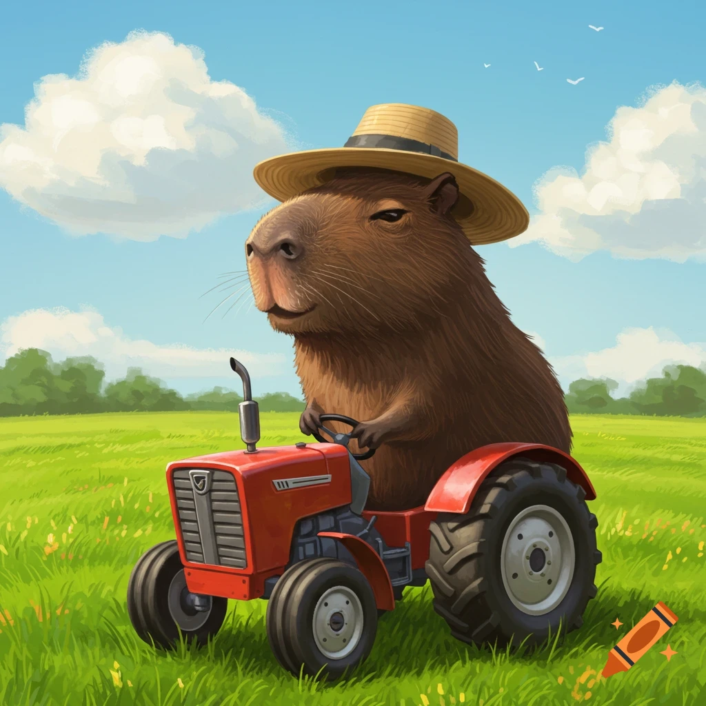 A capybara wearing a straw hat and driving a red tractor in a green field under a blue sky.