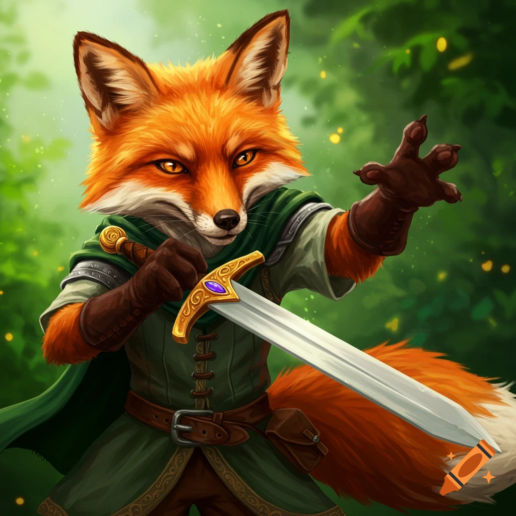 An anthropomorphic fox warrior holding a sword in a forest.