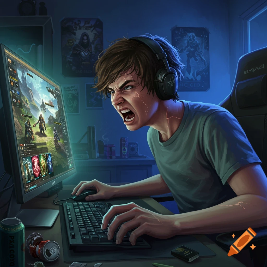 A young man in headphones rages at his computer screen while playing a video game in a dimly lit room, digital art