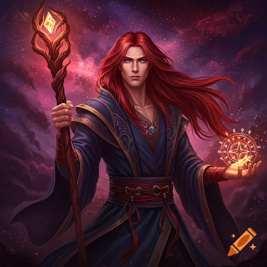 A red-haired male mage holding a glowing staff and orb in a starry sky, digital art.