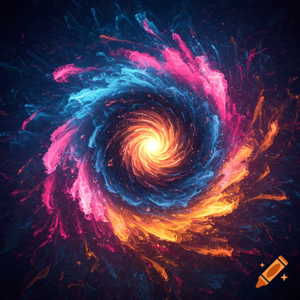 A vibrant spiral of pink, blue, orange, and yellow energy swirling in a dark space.