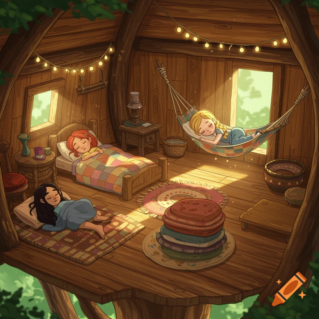 Illustration of three girls sleeping in a cozy treehouse with string lights.