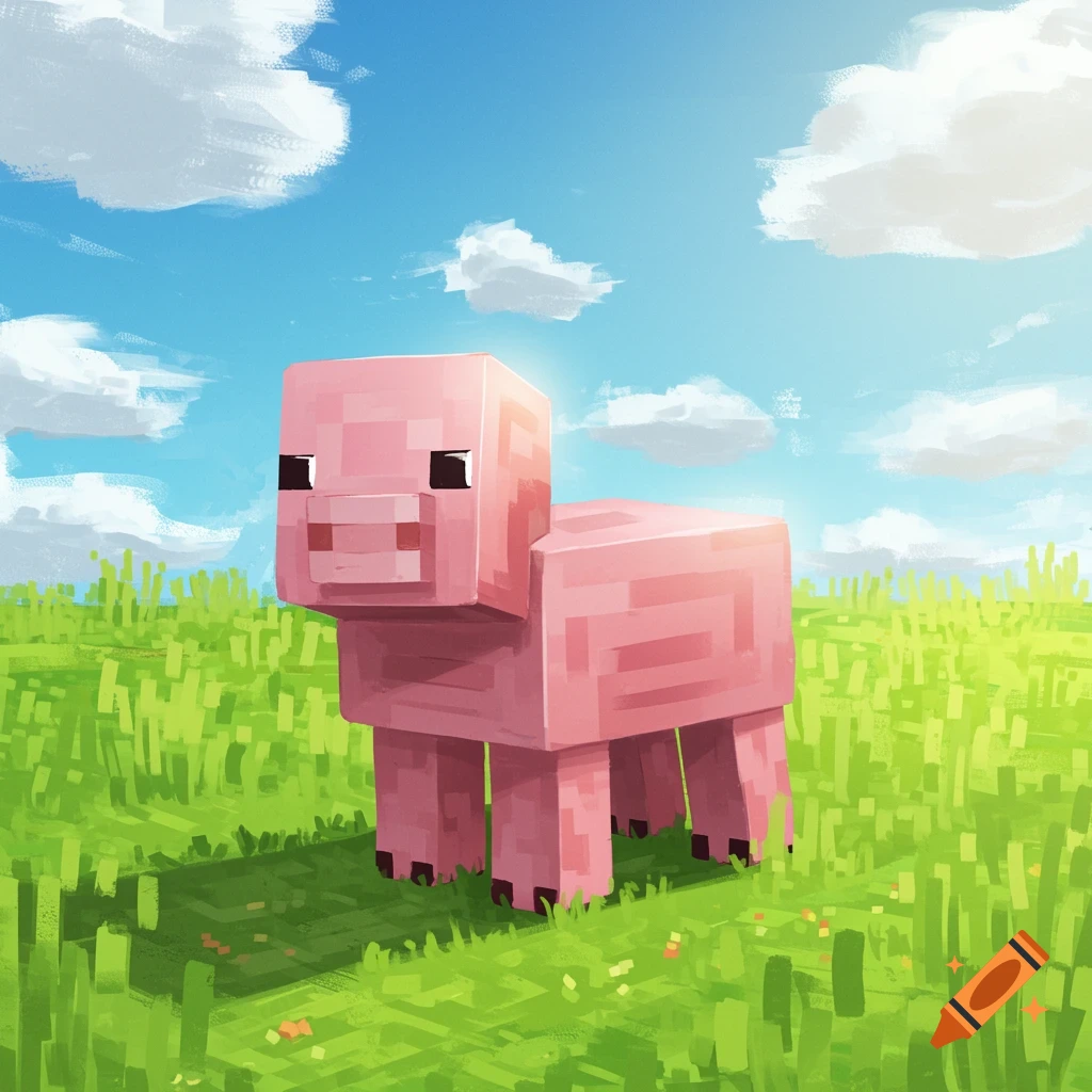 A pixelated Minecraft pig stands in a grassy field under a blue sky.