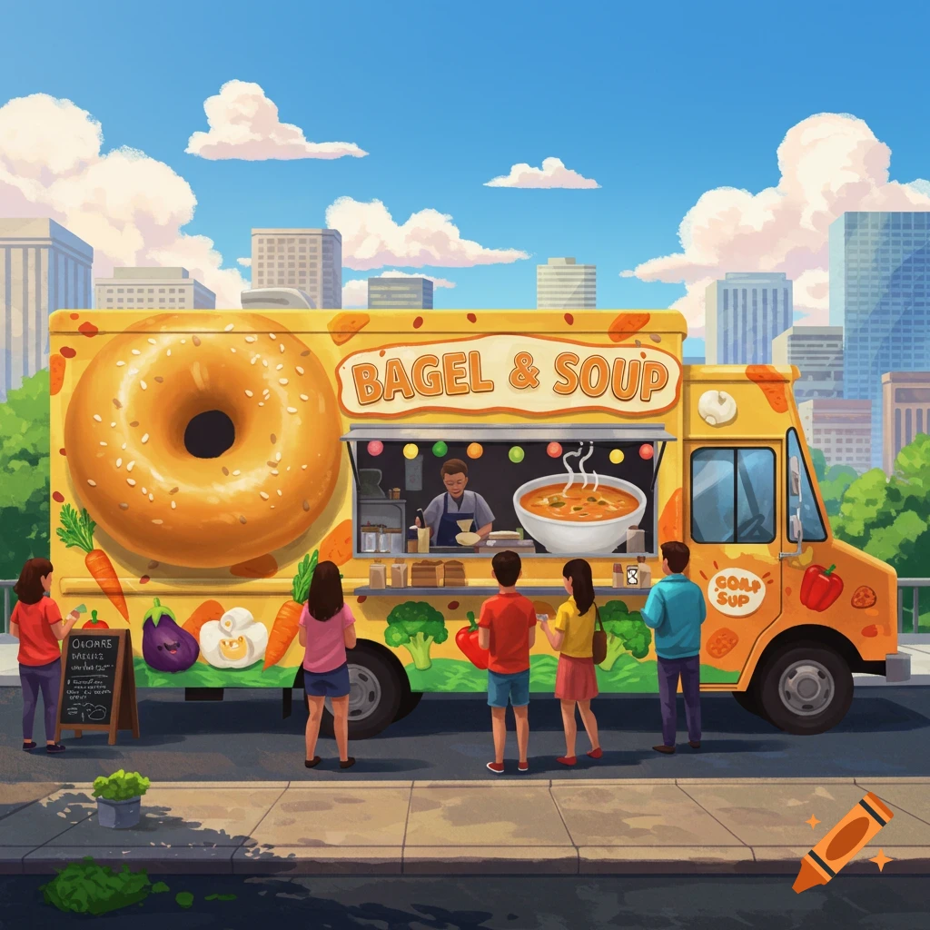 A bagel and soup food truck is serving customers in a bustling city.
