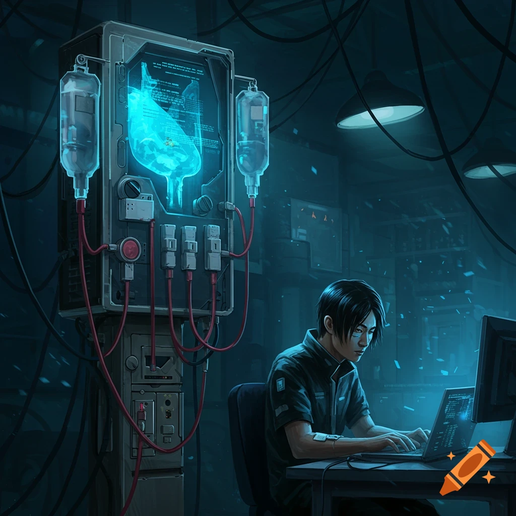 A person is using a laptop in a dark sci-fi lab with a large glowing machine.