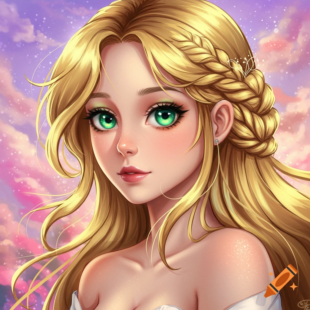 Anime portrait of a beautiful woman with blonde hair and green eyes against a magical sky.