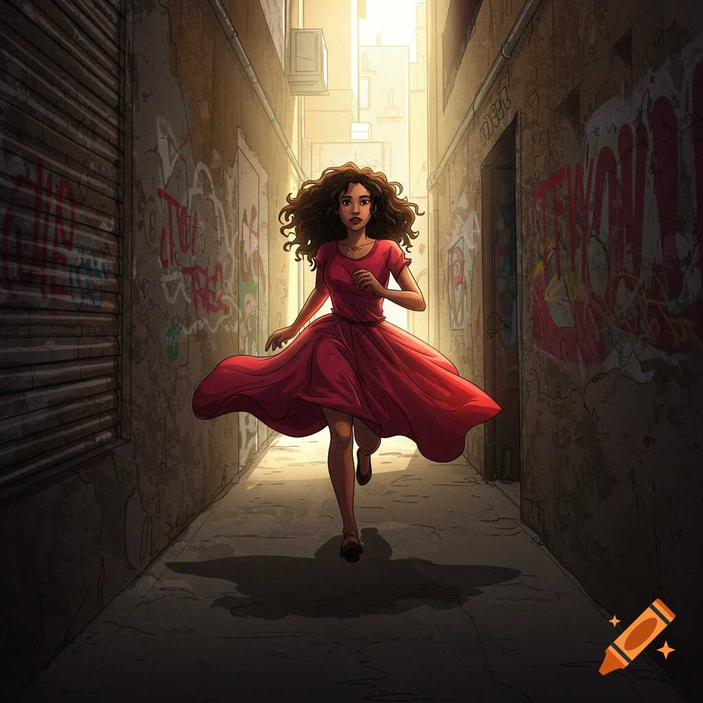 A woman in a red dress runs through a sunlit alley covered in graffiti.