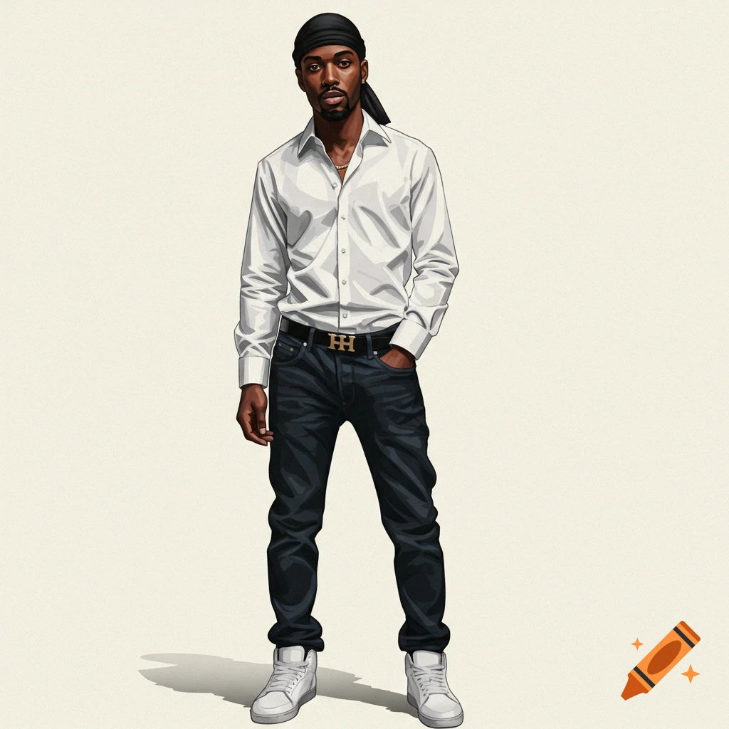 A man wearing a black durag, white shirt, jeans, and belt with an H buckle.