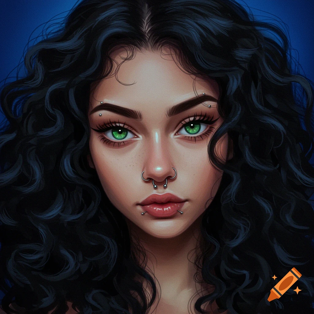 A girl with green eyes, dark curly hair, and face piercings.