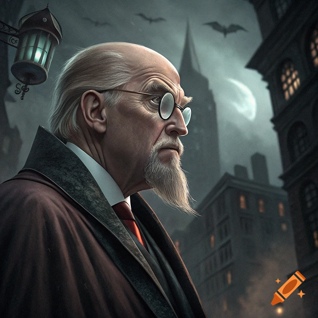 Dramatic portrait of an old man with a goatee, glasses, and coat in a dark city street at night.