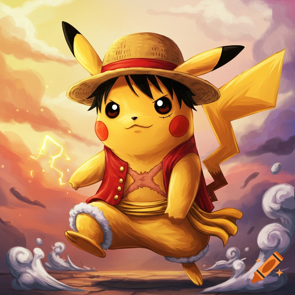 Pikachu dressed as Luffy running against a sunset sky