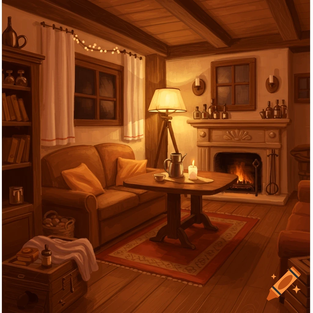 A warm, cozy interior room with a fireplace, sofa, and lamp.