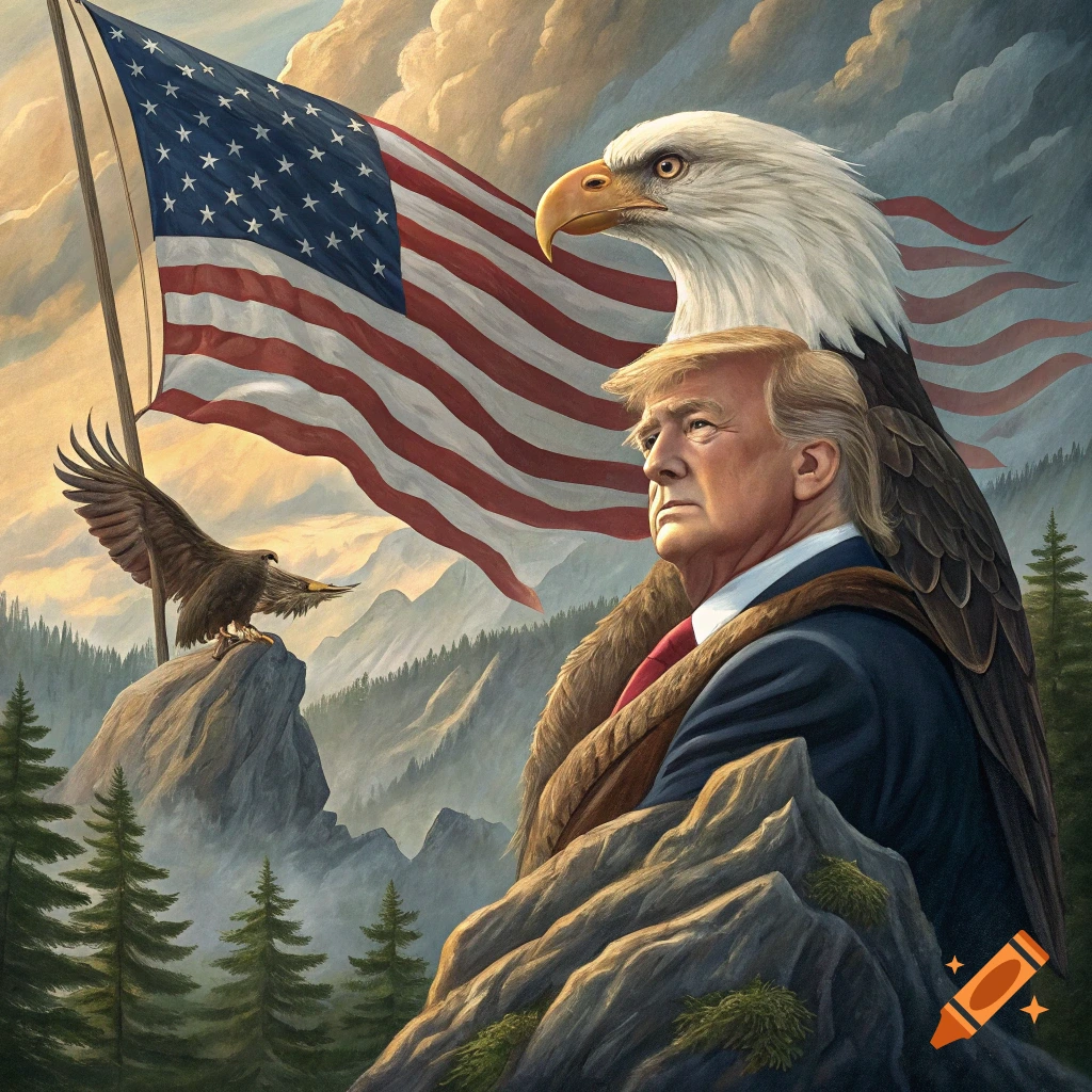 Epic painting of Donald Trump standing with a bald eagle and American flag in a mountain landscape.