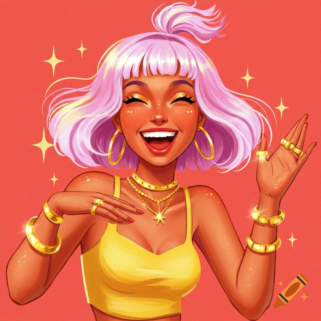 A smiling woman with pink hair and gold jewelry against an orange background