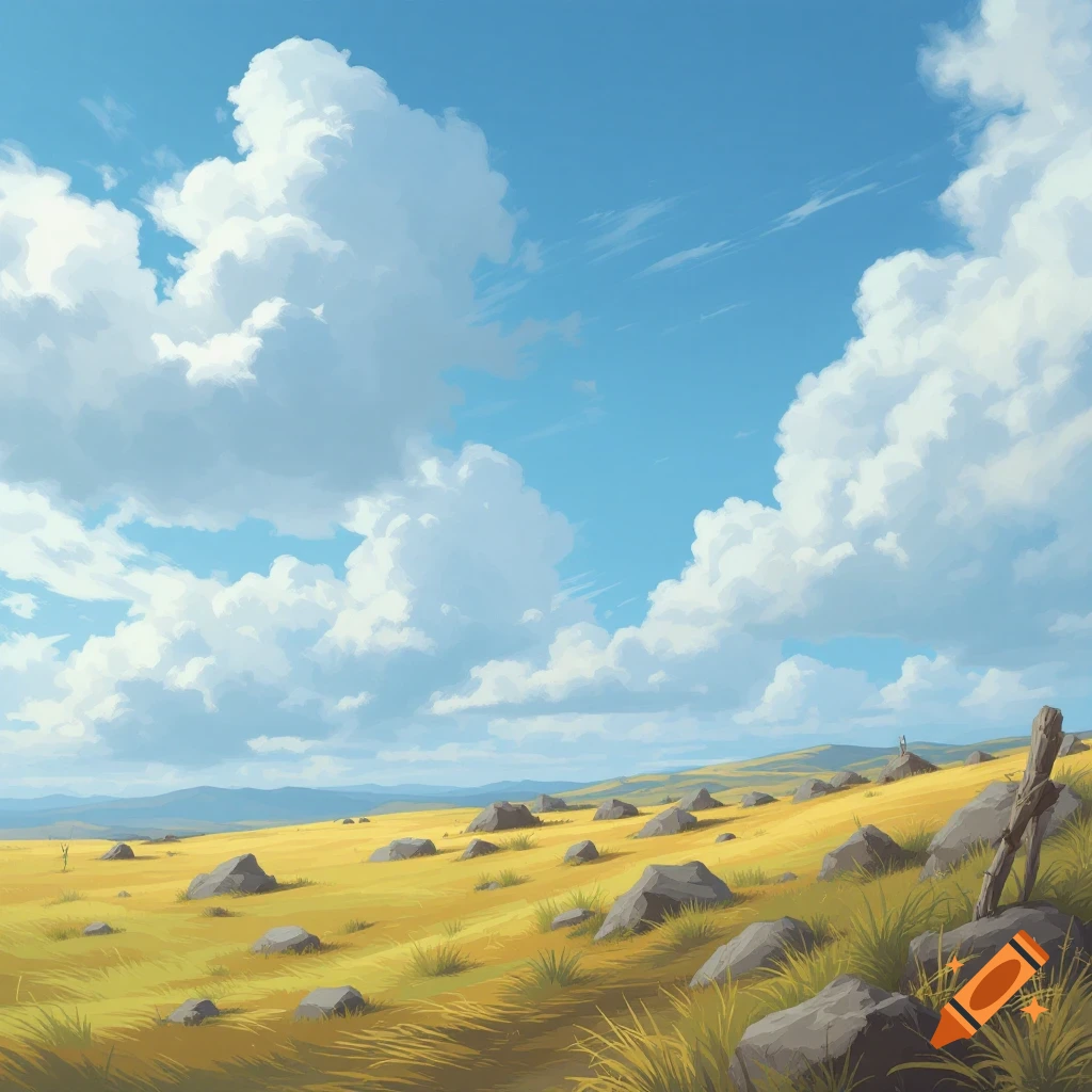 A rocky, grassy hillside under a bright blue sky with large clouds.