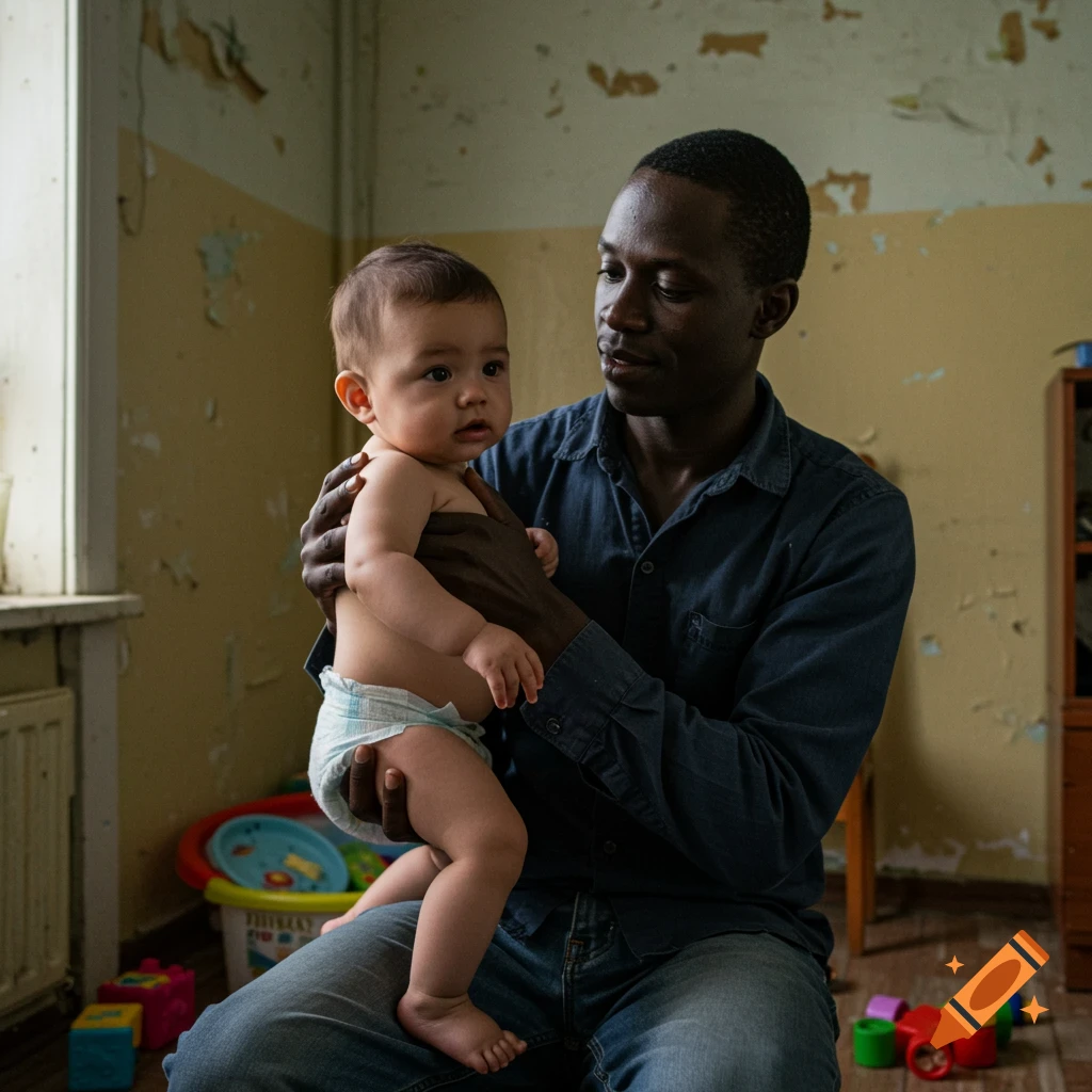 Photorealistic portrait of a man holding a baby in a dimly lit room.