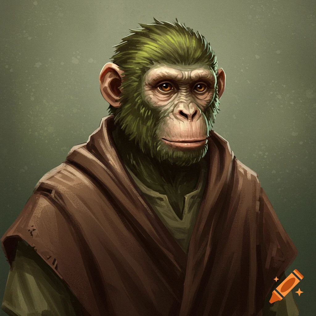 A green-furred primate-human hybrid wearing brown robes.