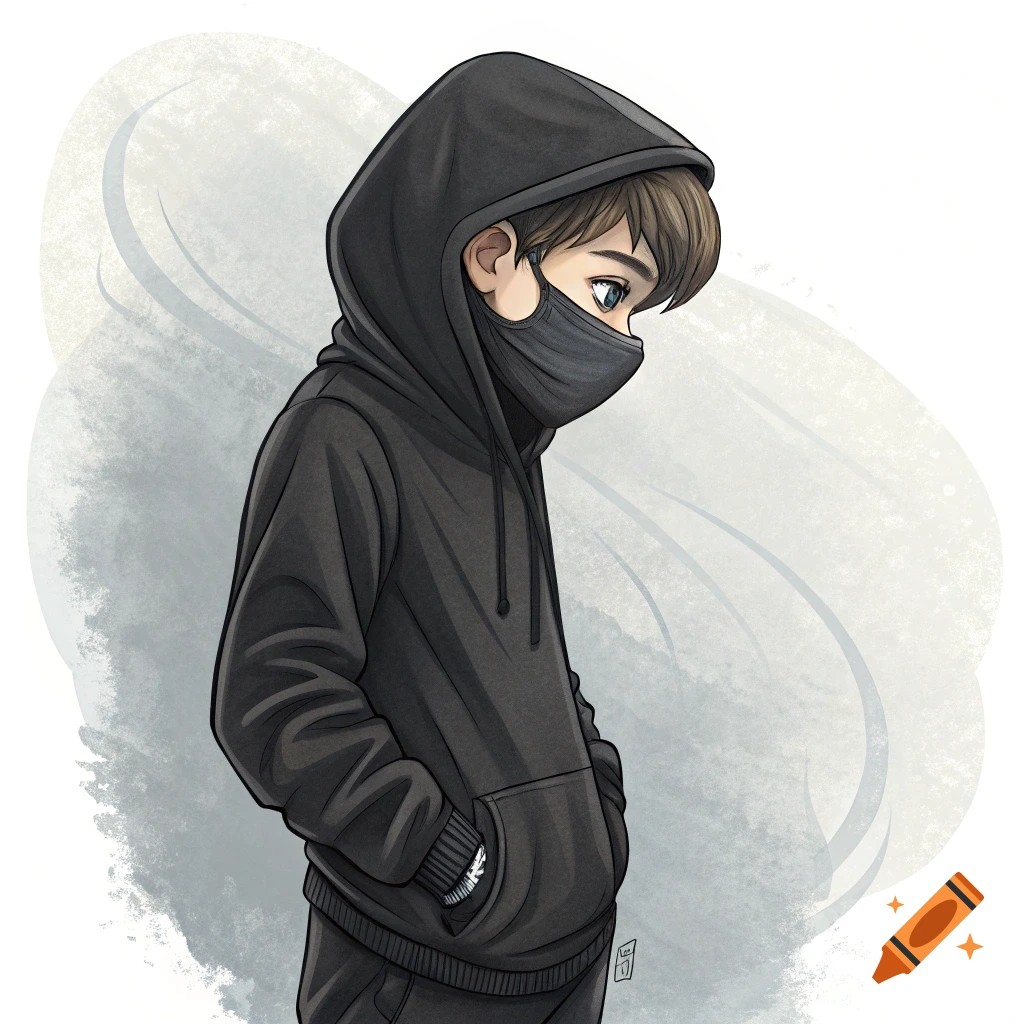 Illustration of a boy in a black hoodie and mask with hands in pockets.