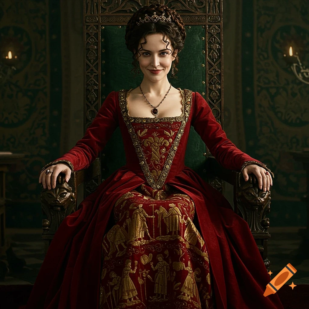 A woman in a red dress is sitting on a throne and smiling.