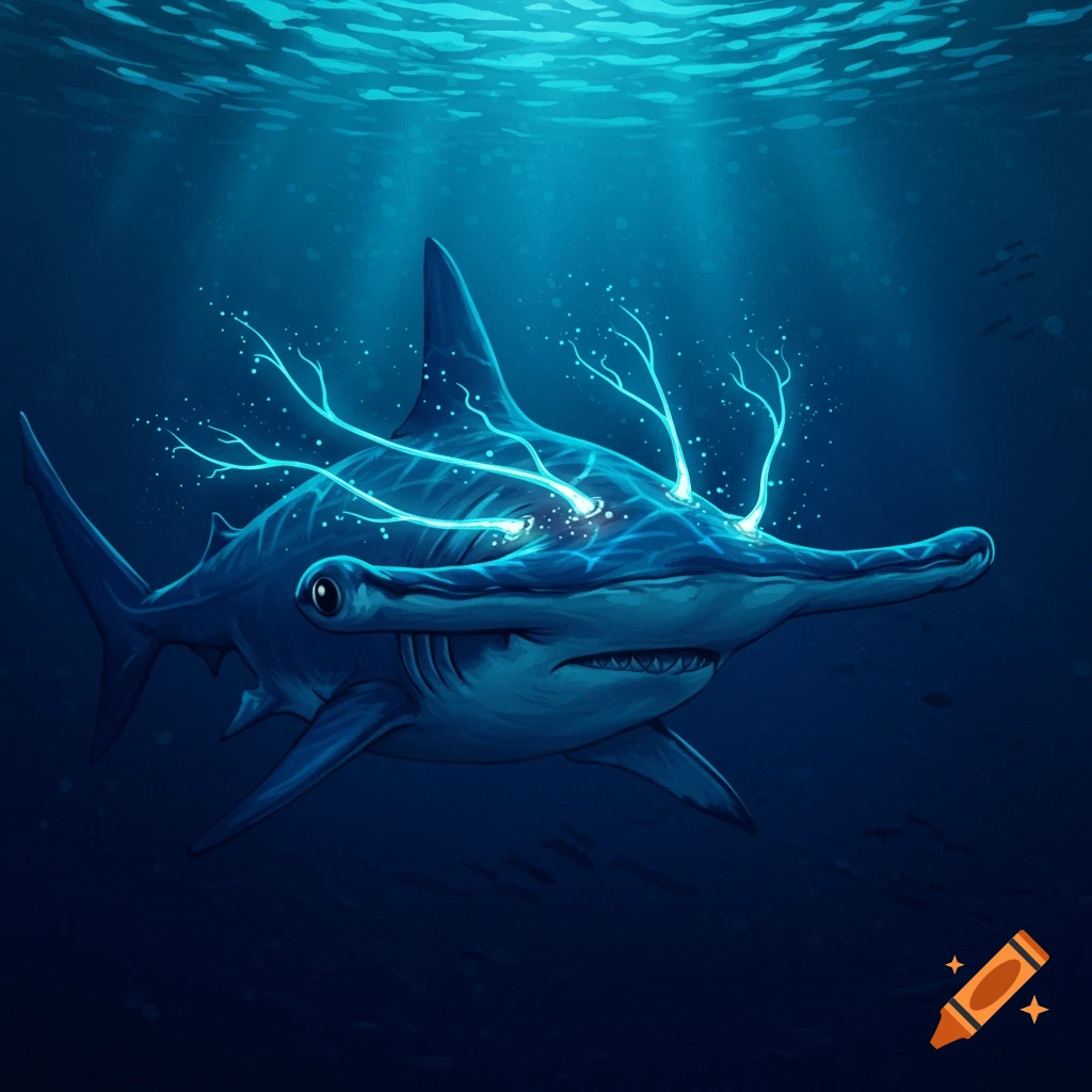 A hammerhead shark with glowing blue nerves swims underwater.