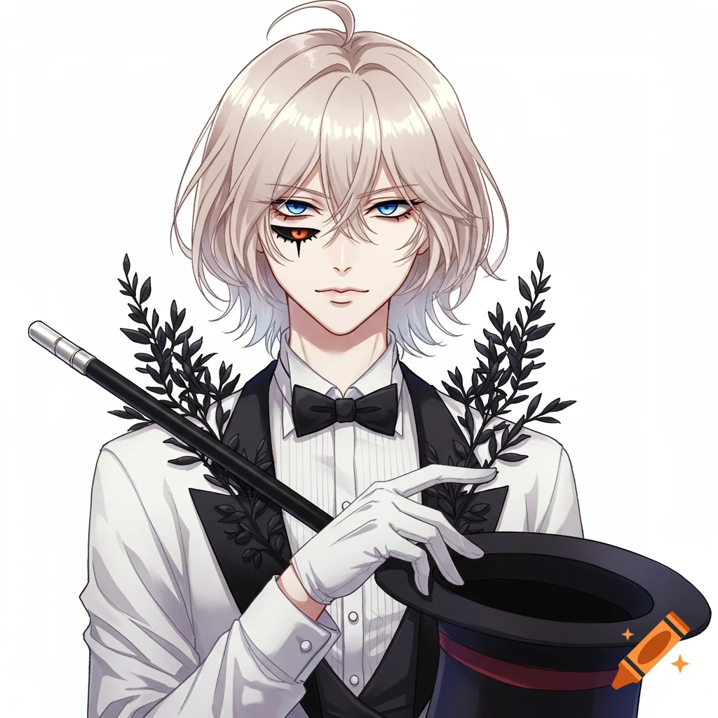 Anime style portrait of a magician with blue eyes and blonde hair, holding a hat and cane.