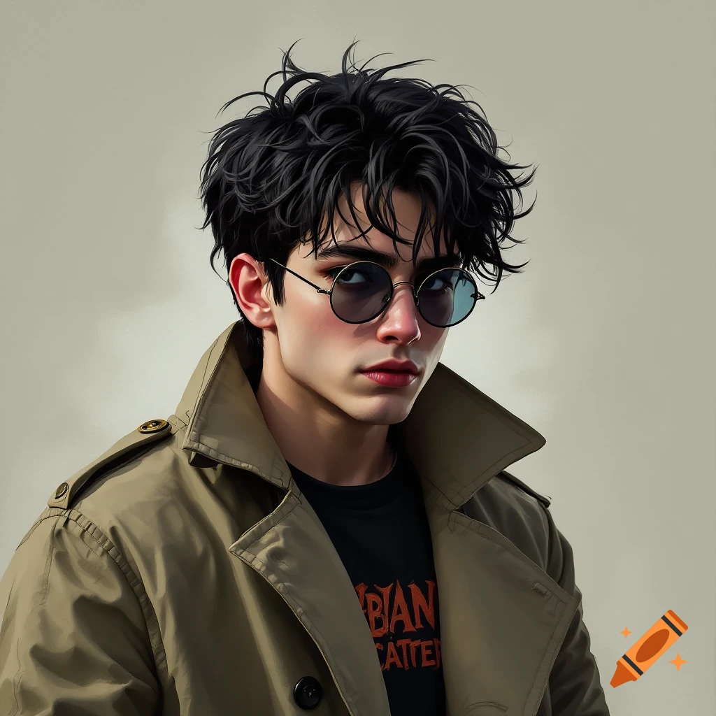 A person with dark messy hair and sunglasses wearing a trench coat.