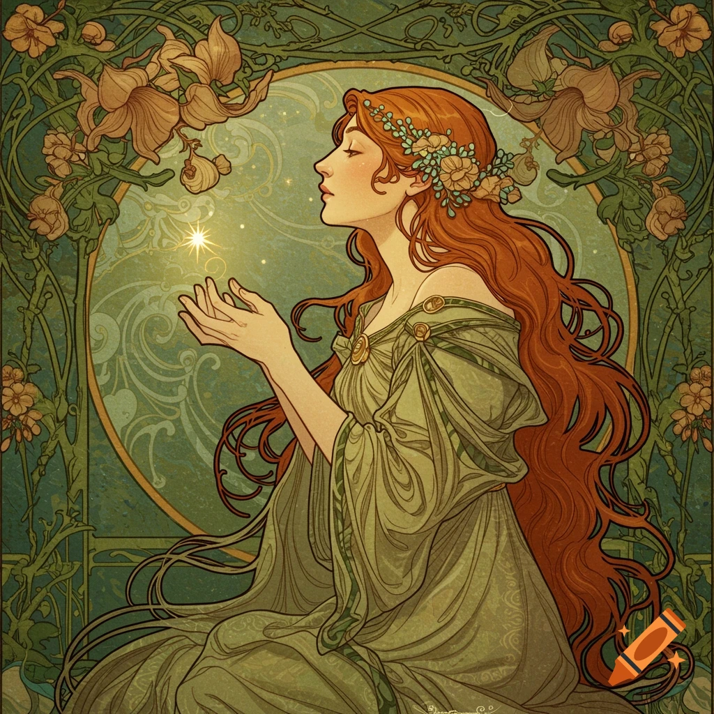 Art Nouveau painting of a woman holding a glowing light, surrounded by decorative vines and flowers.