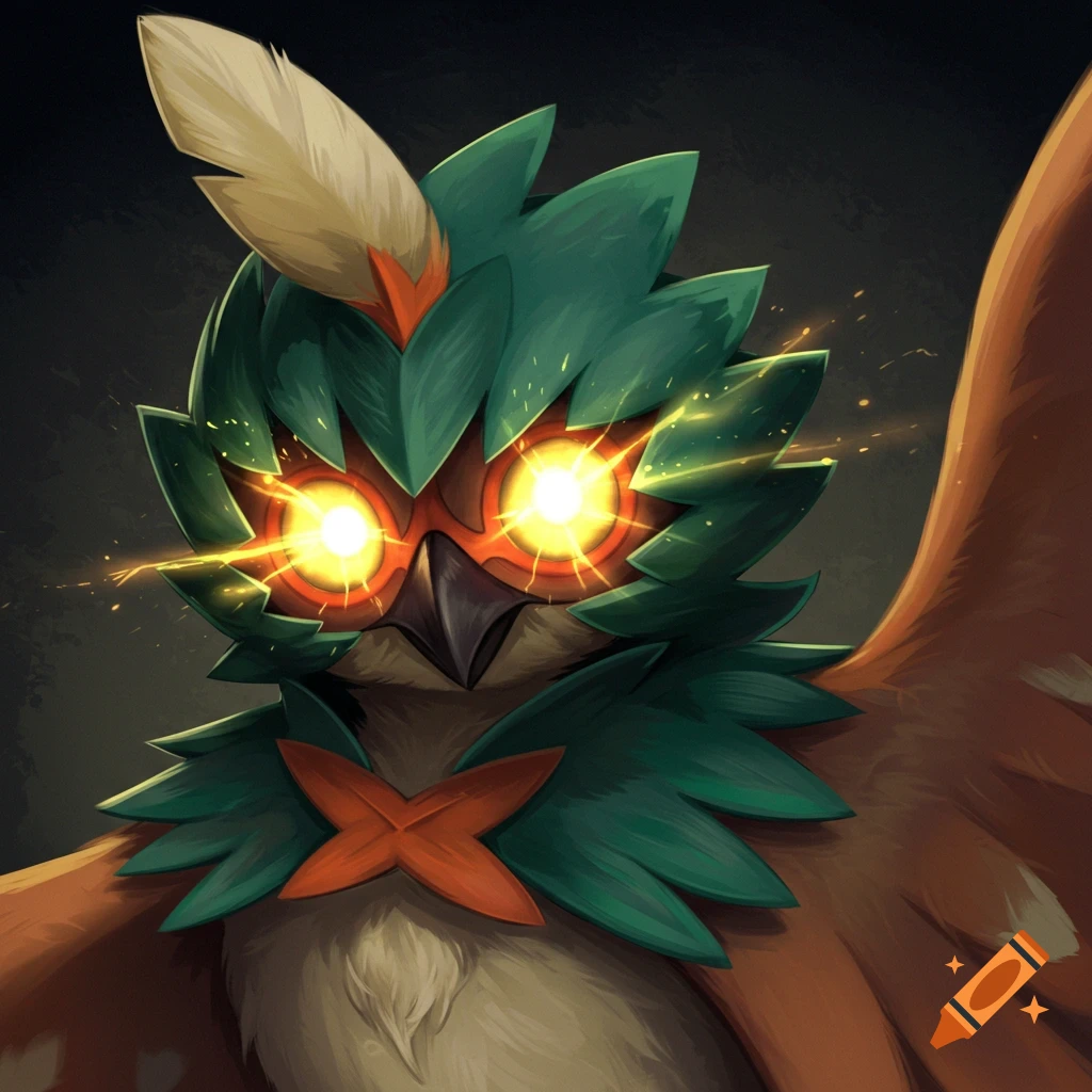 Decidueye, a bird Pok

emon, with glowing yellow eyes emitting sparks.