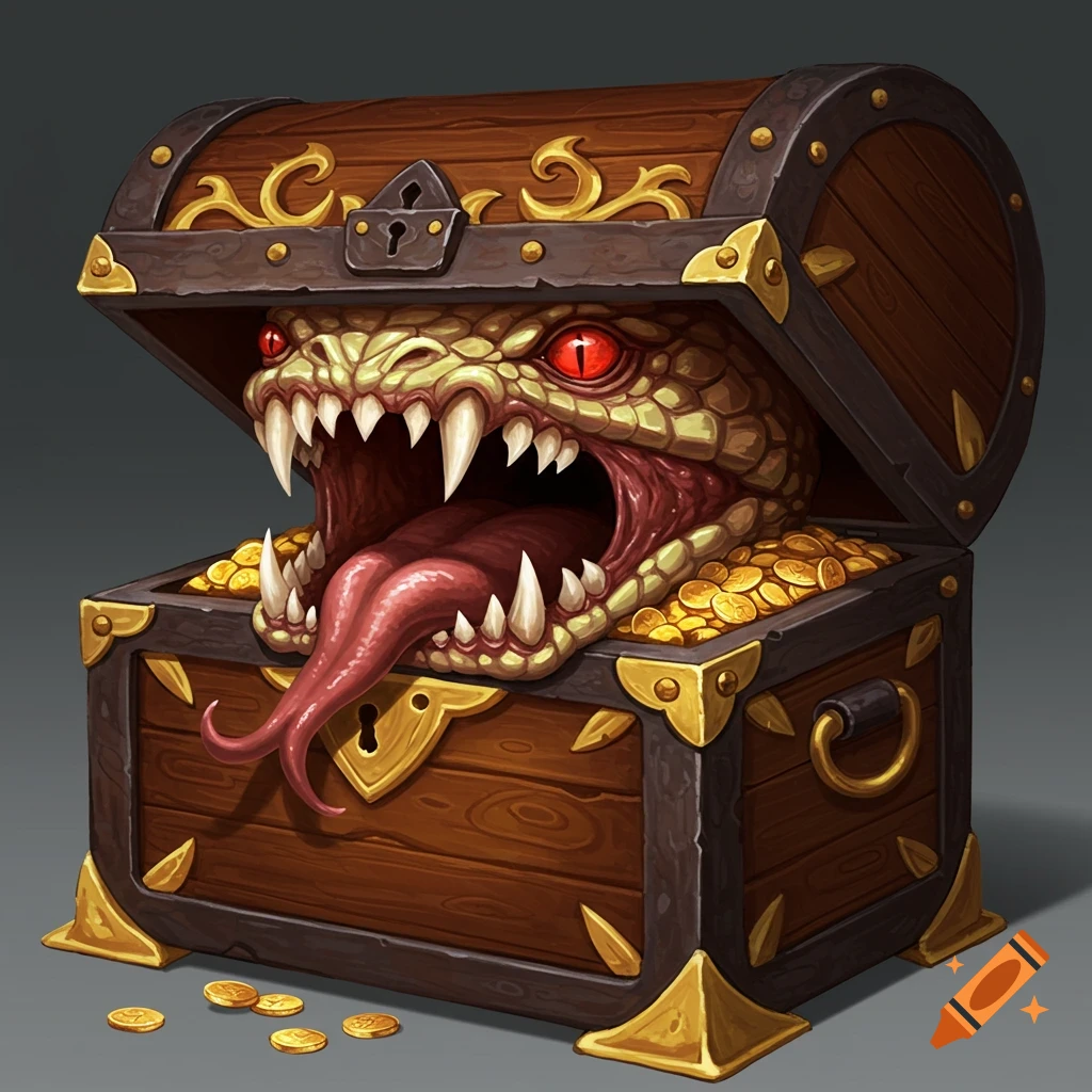 A stylized D&D treasure chest mimic opening its mouth to reveal a monster's head with teeth and a long tongue, surrounded by gold coins.