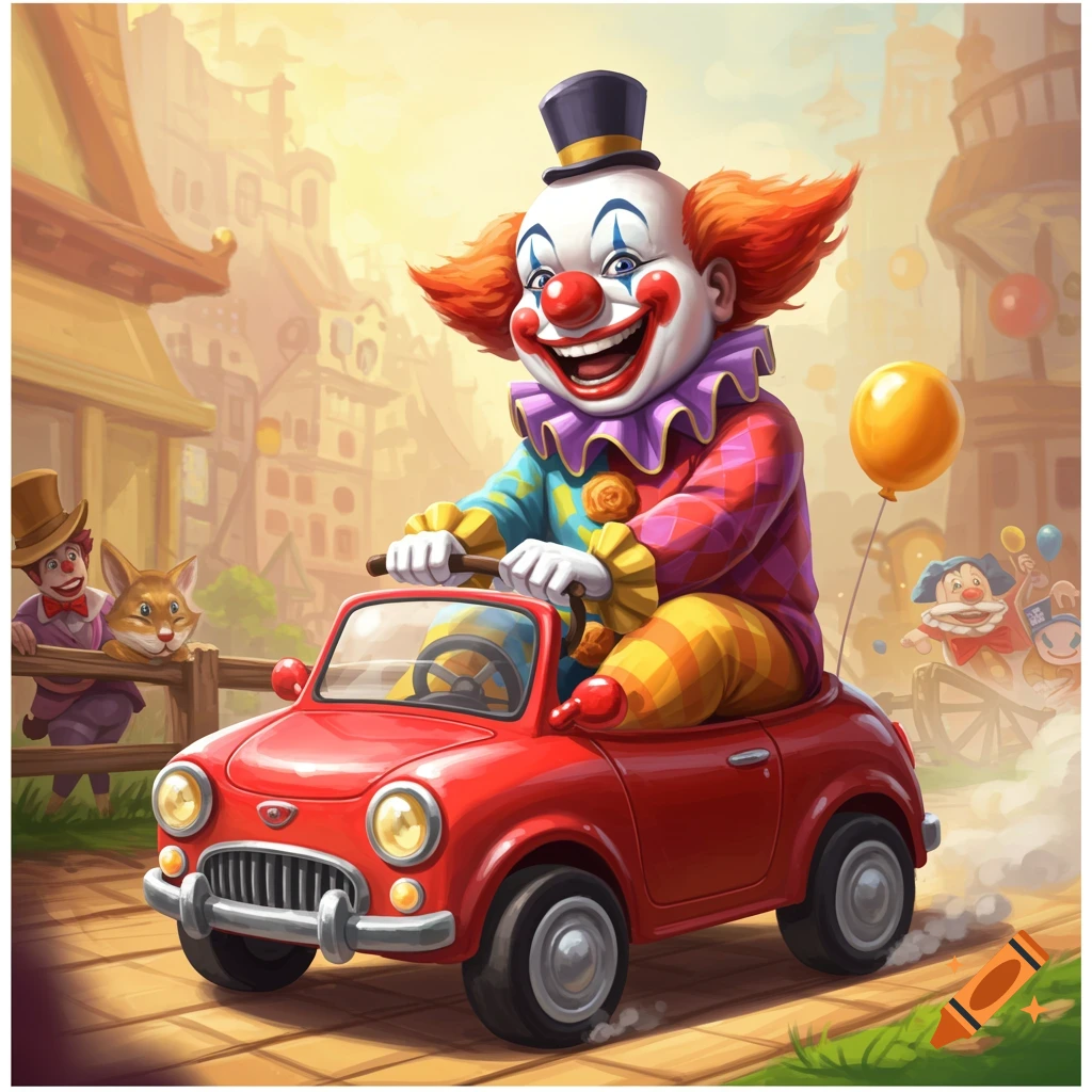 Whimsical image of a cheerful clown driving a small red car down a sunny carnival street.