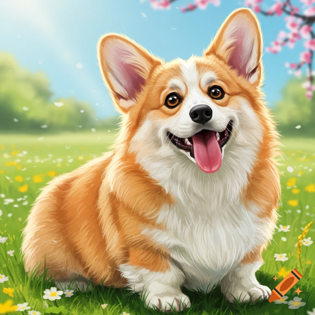 A happy corgi dog sits in a sunny field with flowers and cherry blossoms.