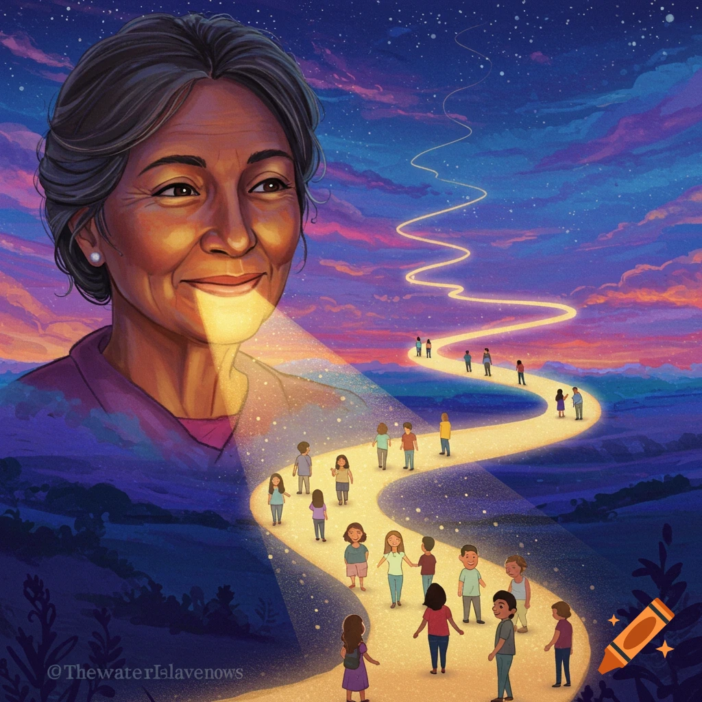 A large woman's face in the sky shines light on a path below where many children walk through a landscape at night.