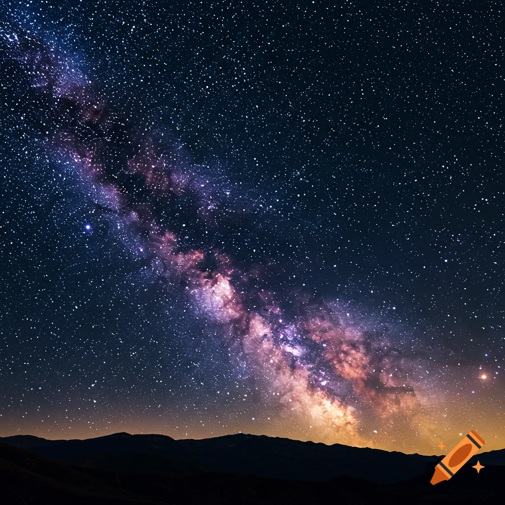 The Milky Way galaxy shines brightly in a starry night sky above silhouetted mountains.